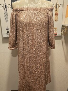 Off-Shoulder Rose Gold Sequin Party Dress